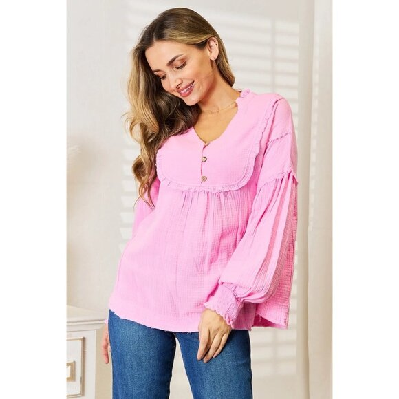 Double Take Exposed Seam Buttoned Notched Neck Blouse - Picture 5 of 8